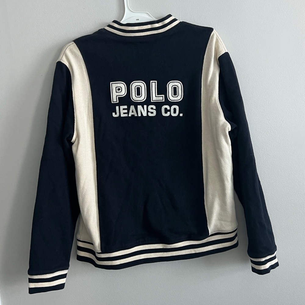 Vtg Ralph Lauren Blue Spell Out Embroidered POLO Jeans Sweater Full Zip Cardigan